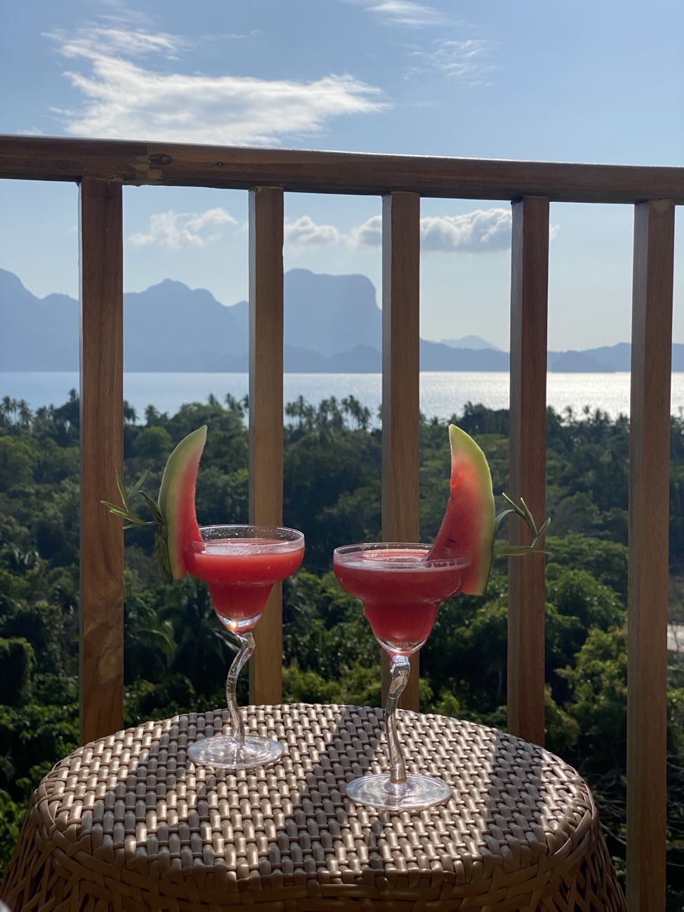 Watermelon margaritas overlooking Bacuit Bay